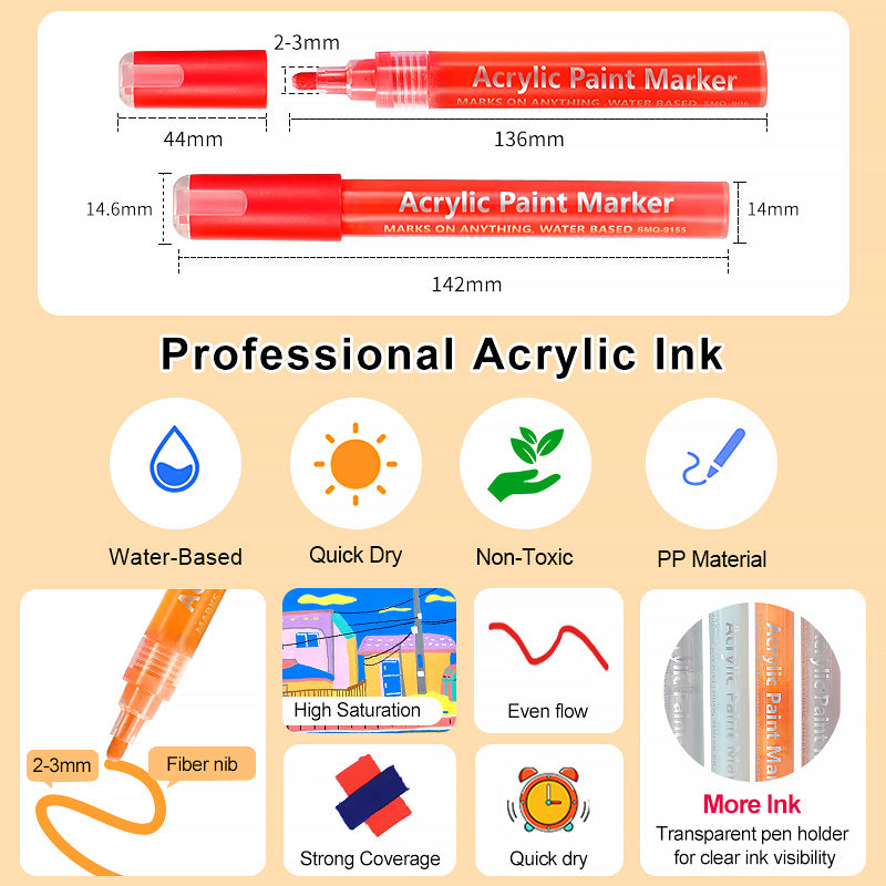 Acrylic paint marker with dimensions and features on a beige background