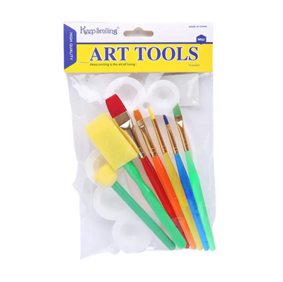 A set of seven rainbow colorful kids' graffiti roller brushes with plastic handles, packaged in a clear plastic bag with a yellow 'Keep Smiling' brand label.