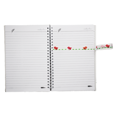 Washi tape with fun pattern featuring cheerful red and pink birds walking on green grass.