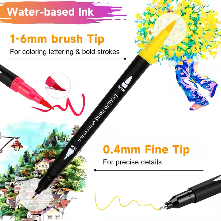 Dual-tip brush pen with water-based ink and different tip sizes for colouring and detailing.