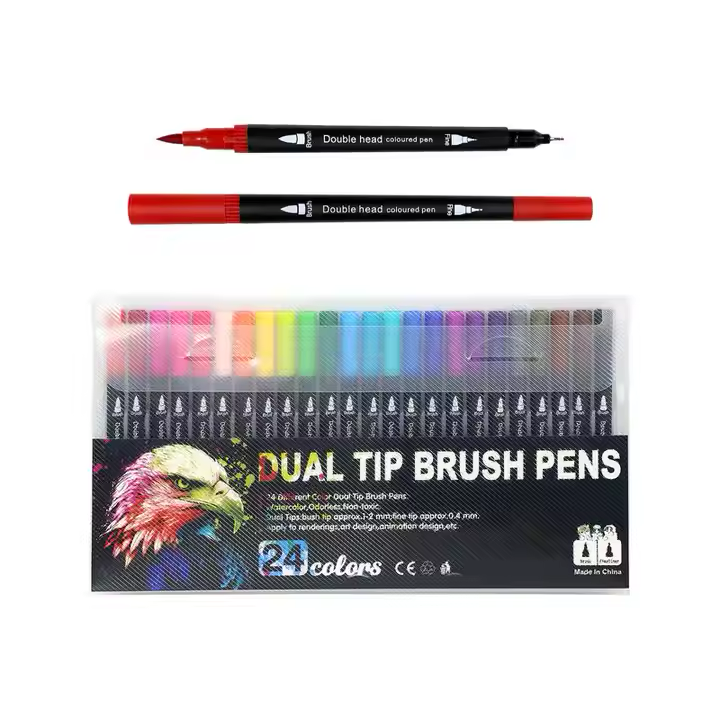 Set of dual-tip brush pens with a colourful packaging displaying 24 colour options.