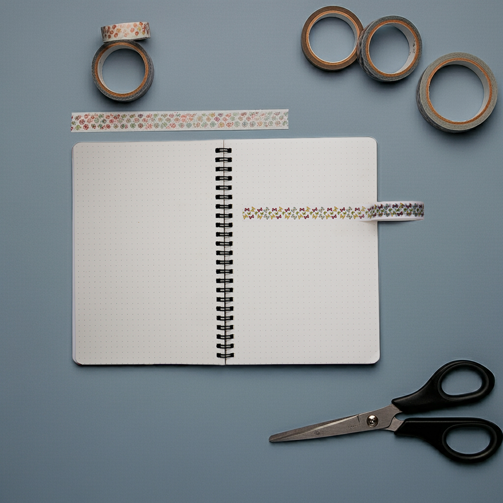 Open notebook with decorative tape and scissors on a gray background