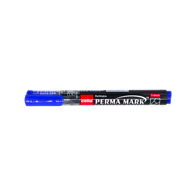 Blue Marker writes on metal, plastic, glass, cardboard, and more