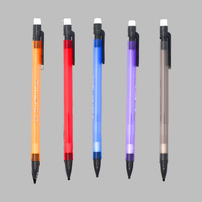 Five colourful mechanical pencils with eraser. Perfect for students.