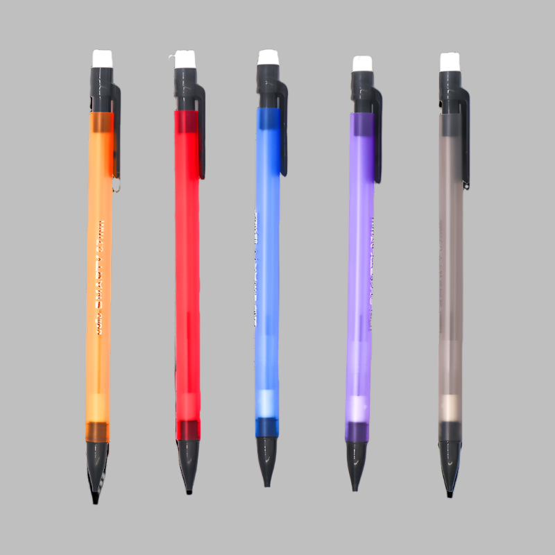 Five colourful mechanical pencils with eraser. Perfect for students.