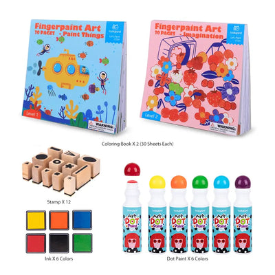 First Dot Art Kit comes with 2 Colouring Books, 12 Stamps, Ink 6 colours and 6 Dot Colours