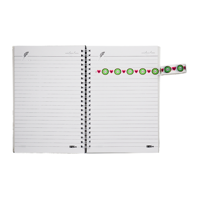 Delightful washi tape features a cheerful, repeating pattern of smiling kiwi fruit slices alternating with bright red hearts.
