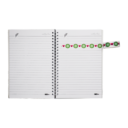 Delightful washi tape features a cheerful, repeating pattern of smiling kiwi fruit slices alternating with bright red hearts.