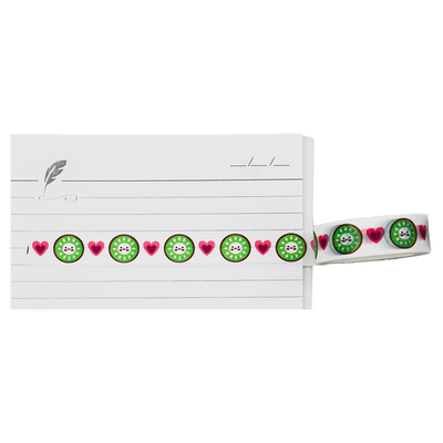 A playful pattern of smiling kiwi slices and bold red hearts washi tape.
