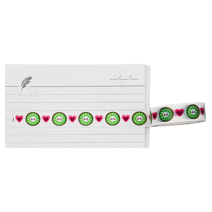 A playful pattern of smiling kiwi slices and bold red hearts washi tape.