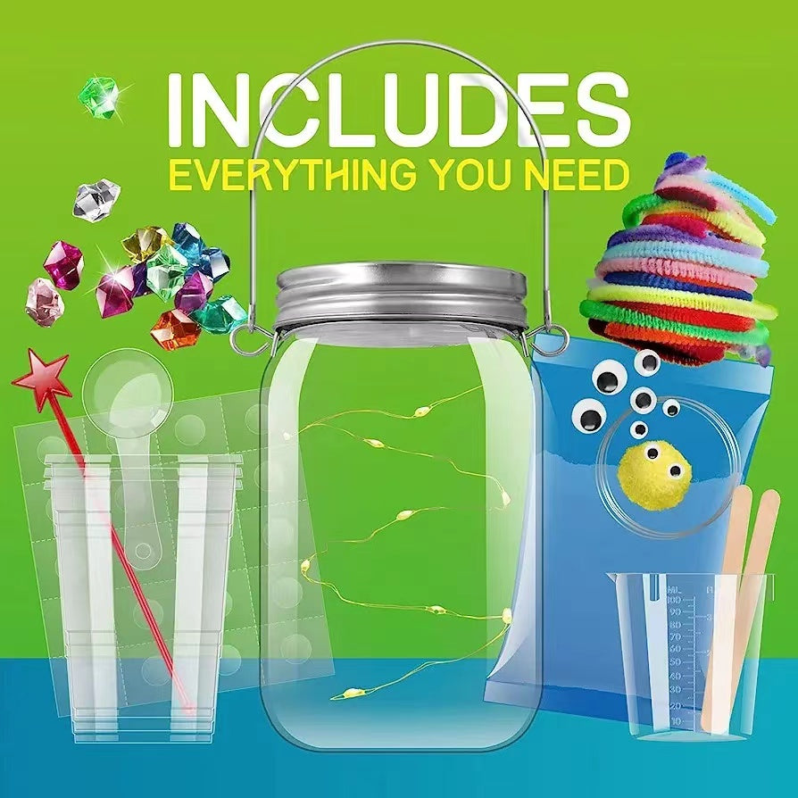 Science experiment kit with jar, straws, and colorful components on a green and blue background