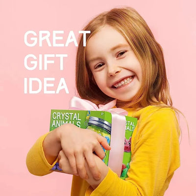 Child holding a product with text 'GREAT GIFT IDEA' on a pink background