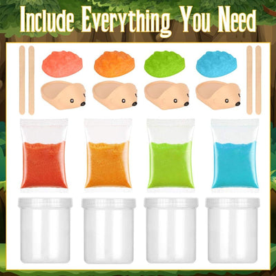 Clean grid breakdown showing all included items: 4 hedgehog bases, 4 colored powder bags, 4 growing jars, and wooden stir sticks.