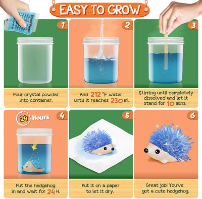 Step-by-step graphic illustrating the process of pouring powder, adding hot water, stirring, inserting hedgehog base, waiting 24 hours, and drying.