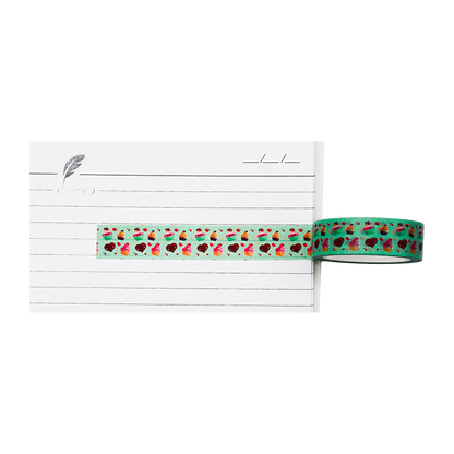 delightful washi tape features a playful, repeating pattern of colourful cupcakes, cherries, and hearts