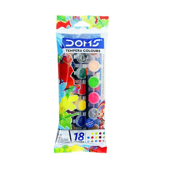A pack of Tempera Colours with 18 shades displayed in a transparent plastic packaging with caps, intended for art and craft activities.