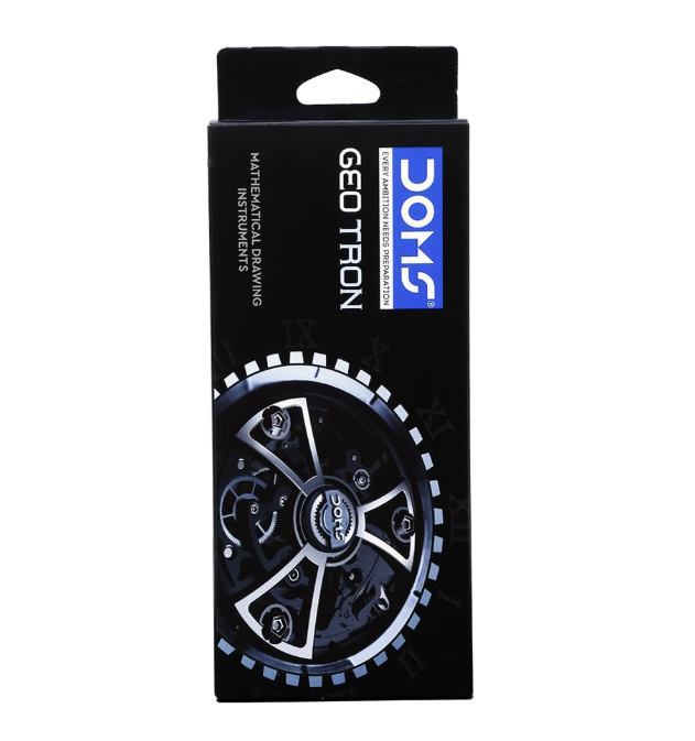 Black packaging of DOMS Geo Tron mathematical drawing instruments with a gear design.
