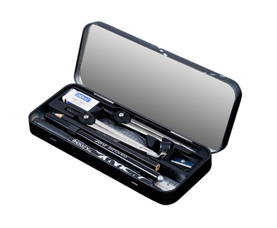 Set of drafting tools in a black case with a clear lid on a white background