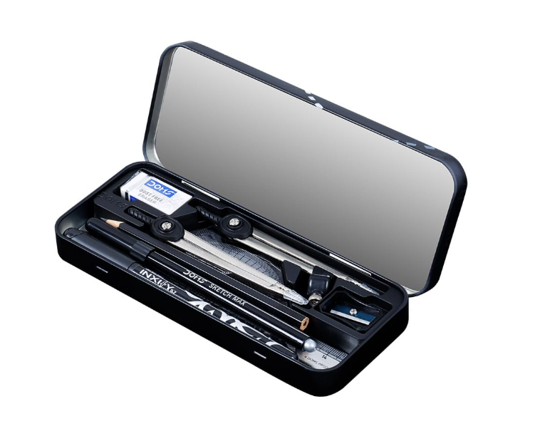 Set of drafting tools in a black case with a clear lid on a white background