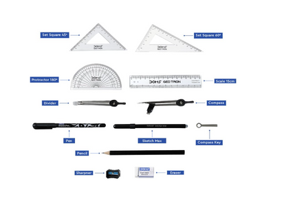 Set of drafting tools including rulers, protractor, compass, pencil, and eraser on a white background.