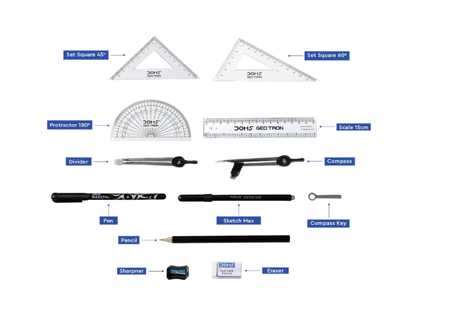 Set of drafting tools including rulers, protractor, compass, pencil, and eraser on a white background.
