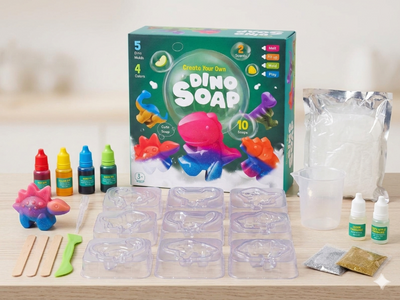 Dino soap making kit with colorful dino molds, bottles, and packaging on a table.