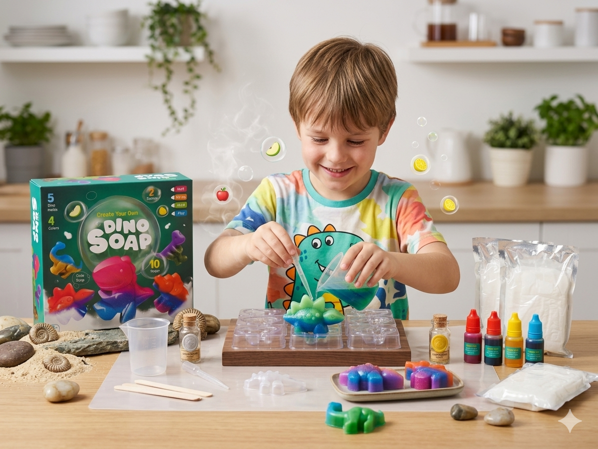 Child participating in a science experiment with colorful soap and a 'Dino Soap' kit on a table.