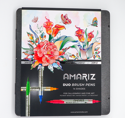 Amariz Duo Brush Pens packaging with colorful floral design on a white background