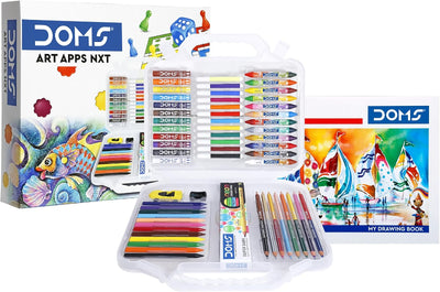 DOMS Art Apps NXT set with markers, crayons, and a drawing book on a white background