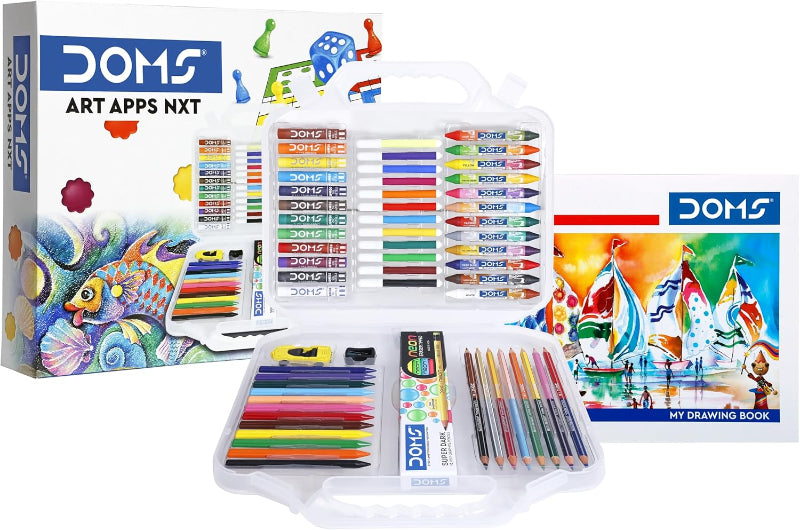 DOMS Art Apps NXT set with markers, crayons, and a drawing book on a white background