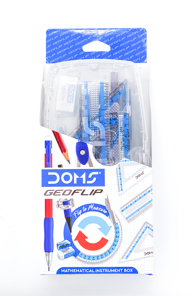 Mathematical instrument set in packaging with DOMS branding on a white background