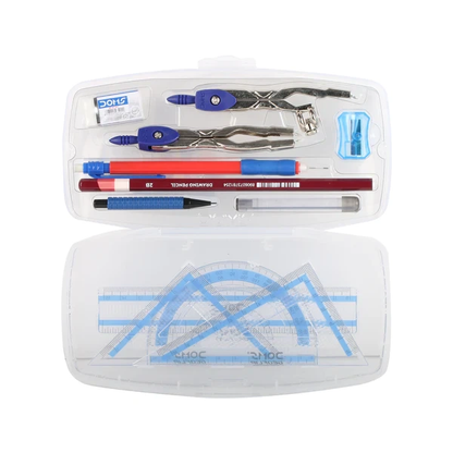 Set of school supplies including pens, pencils, and compasses in a clear plastic case on a white background.