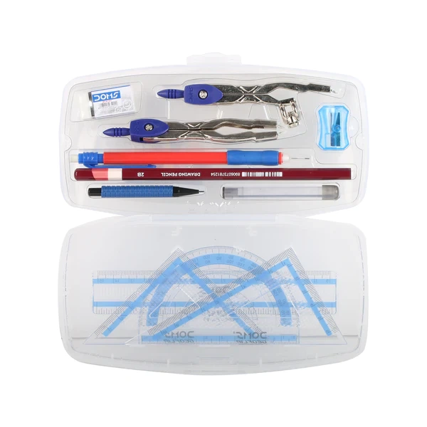 Set of school supplies including pens, pencils, and compasses in a clear plastic case on a white background.