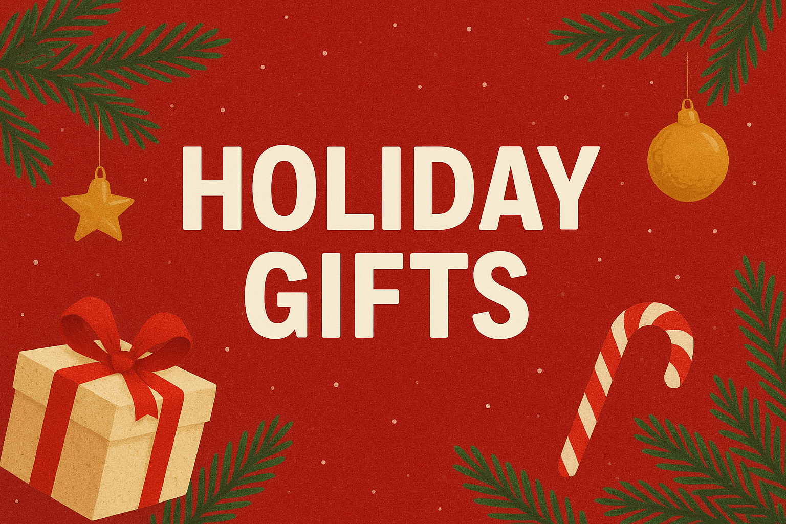 Red background with 'Holiday Gifts' text, gift box, candy canes, and Christmas decorations.