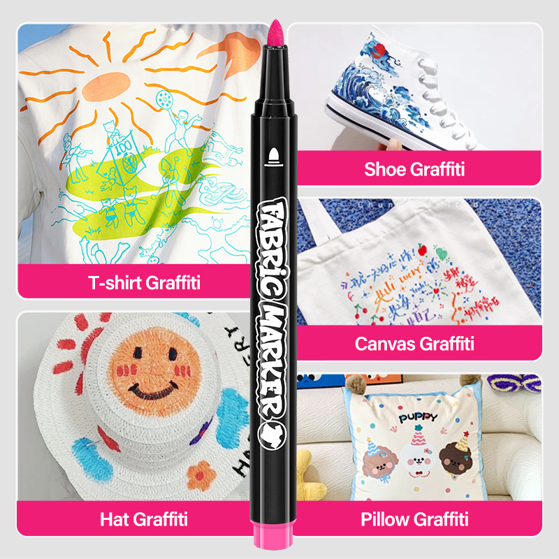Fabric marker for colouring graffiti on t-shirt, shoe, canvas, hat, and pillow.