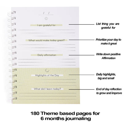 Journal with prompts for daily reflection and journaling. 180 theme based pages