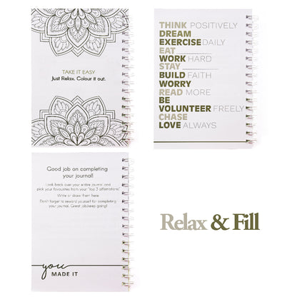 Three spiral-bound journals with mandala designs and motivational text on a white background.