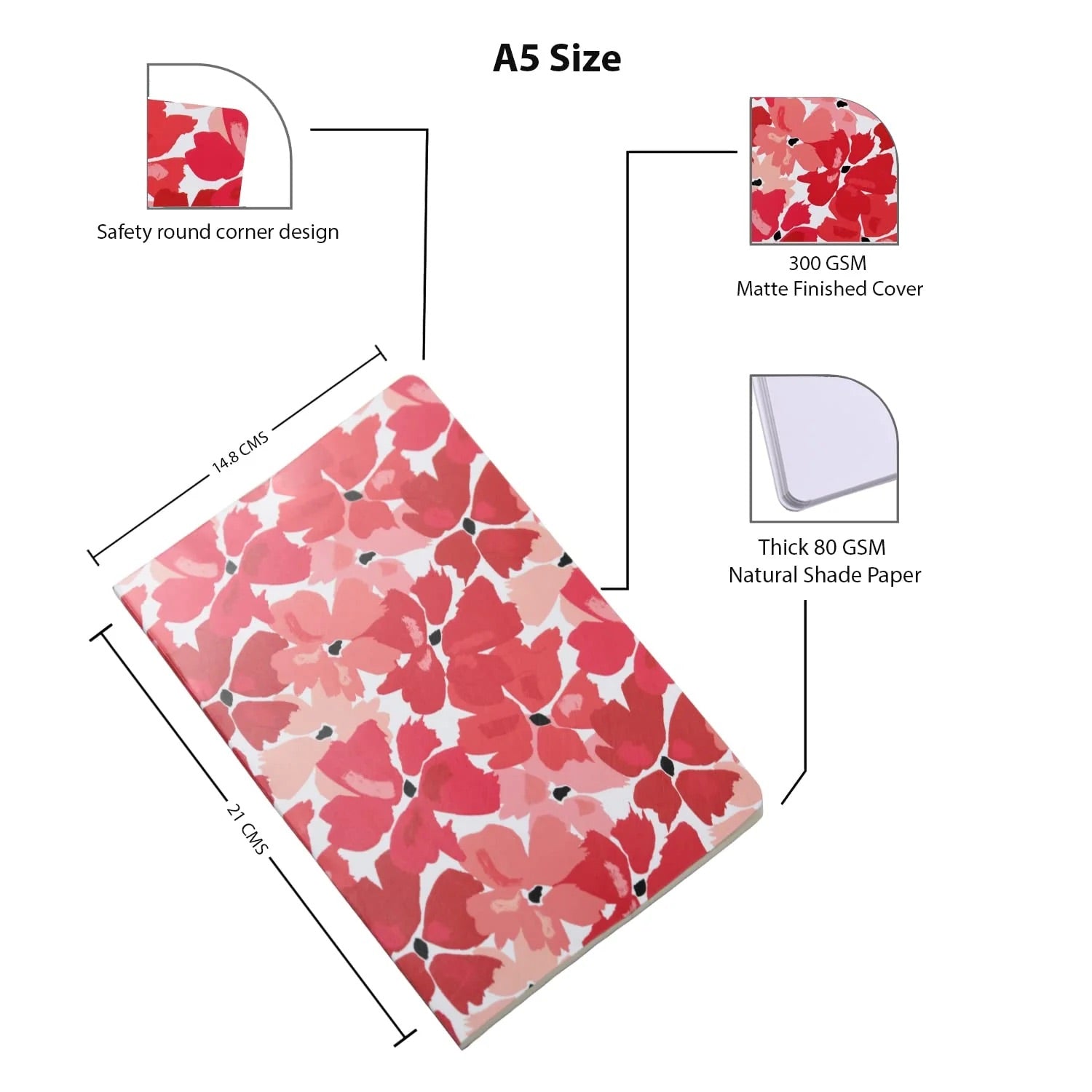 Cute A5 Unruled Notebooks - Set of 4 Floral Design Journals for Writing & Doodling - Journals