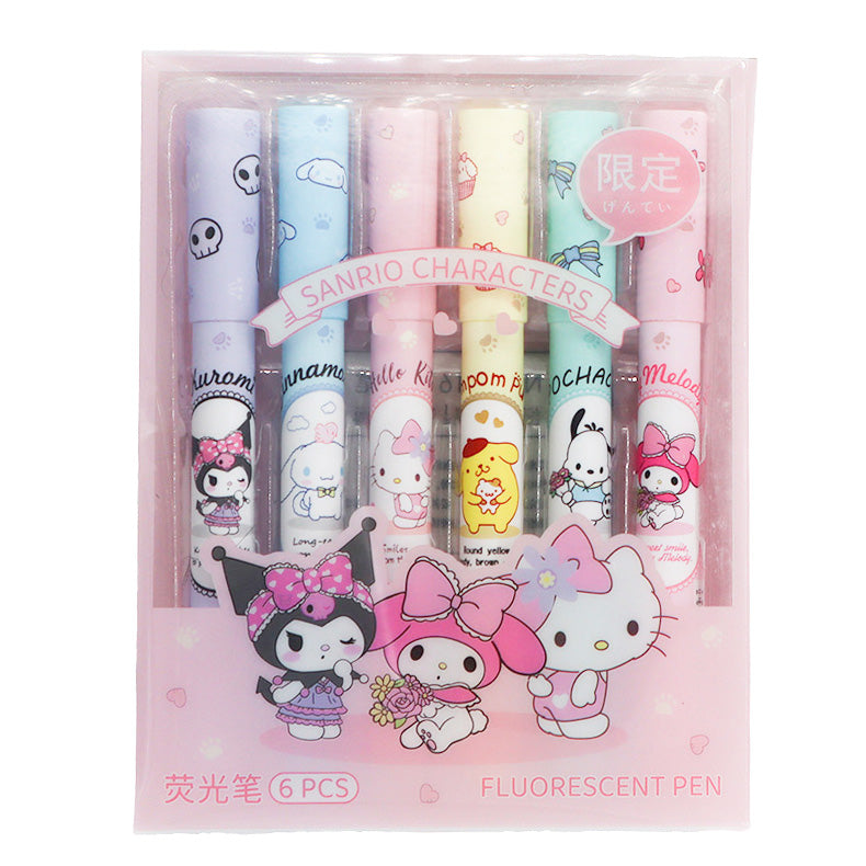 Kawaii Pastel Fluorescent Marker Pen Set – 6pcs Double-Tip Highlighters