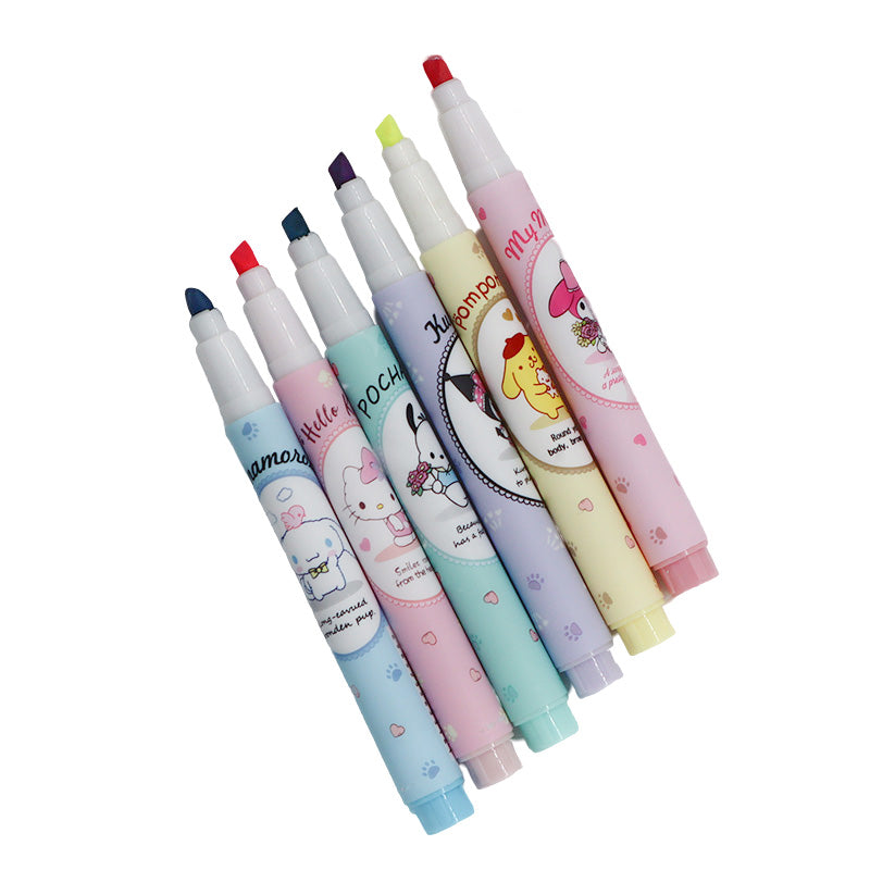 Kawaii Pastel Fluorescent Marker Pen Set – 6pcs Double-Tip Highlighters