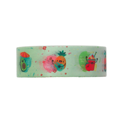 A cheerful pattern of kawaii fruits and summer drinks on a light green background.