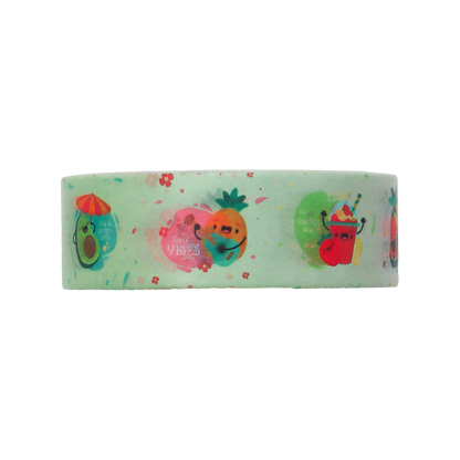 A cheerful pattern of kawaii fruits and summer drinks on a light green background.