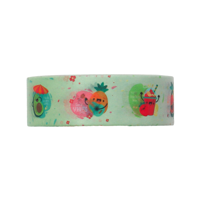 A cheerful pattern of kawaii fruits and summer drinks on a light green background.