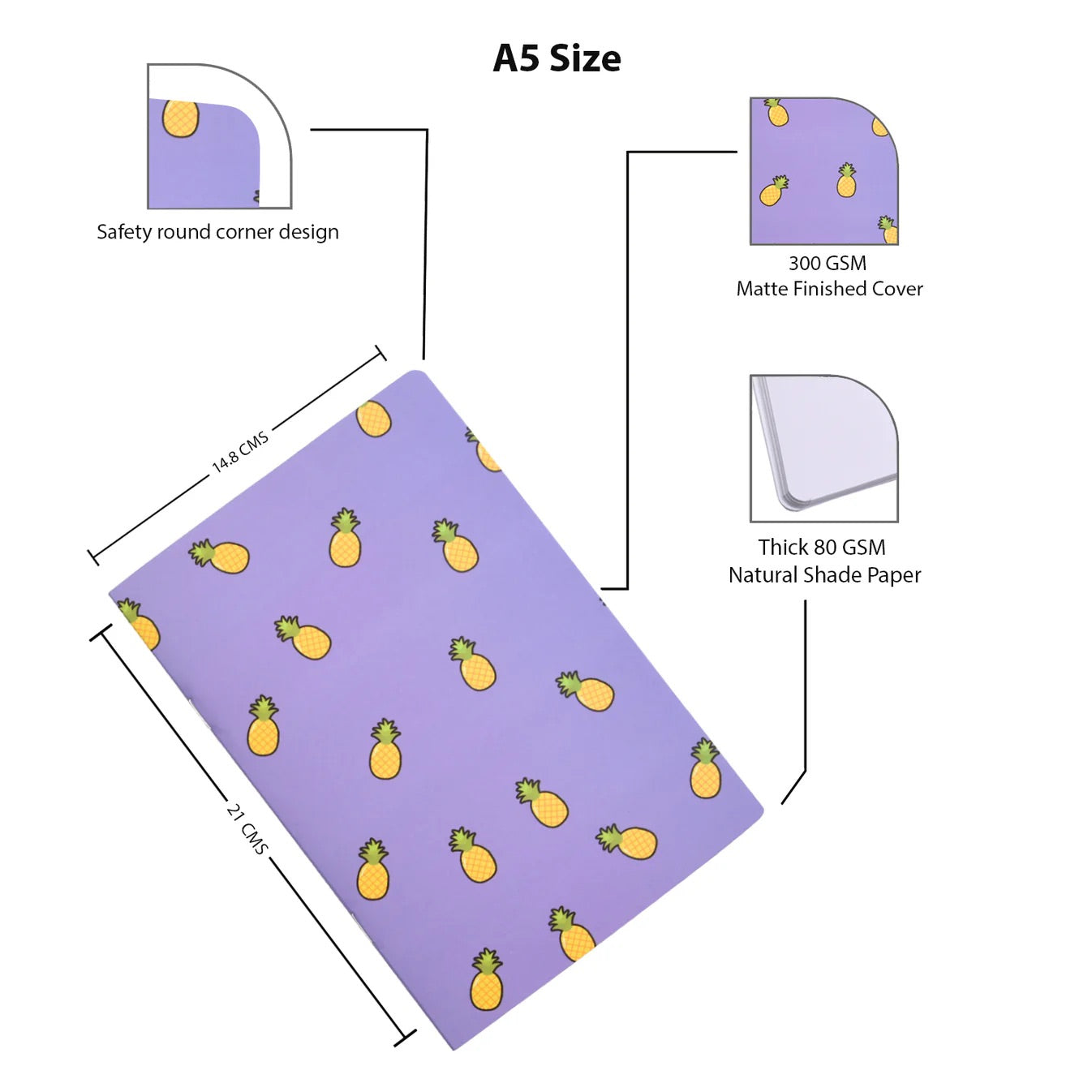 A5 Cute Fruit Notebooks - Set of 4 Unruled Notebooks with Pastel Designs - Notebook