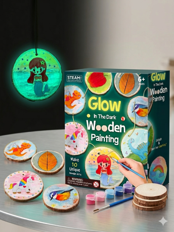 Glow-in-the-dark wooden painting kit with painted pieces and packaging on a gray surface.