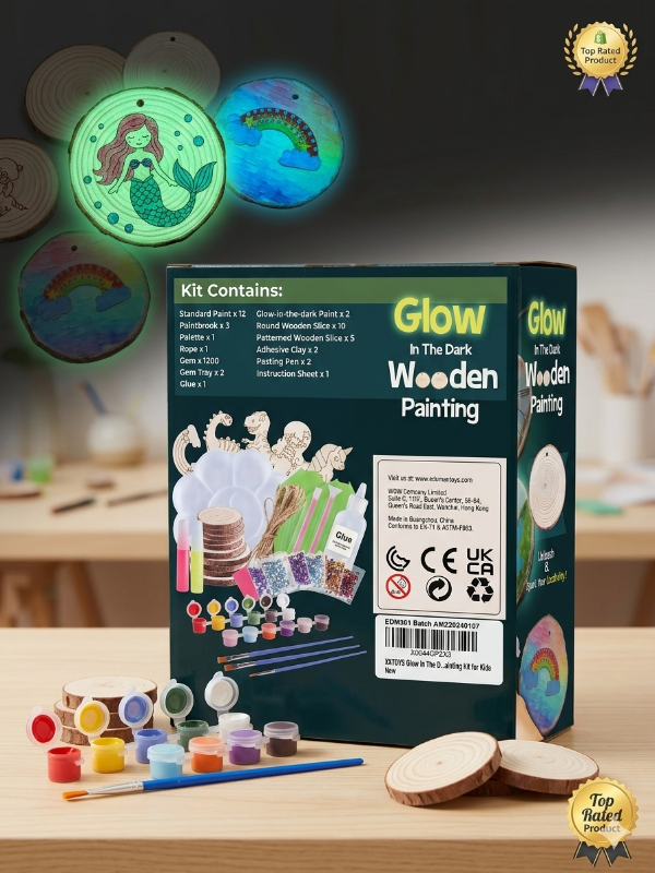 Glow in the Dark Wooden Painting kit with packaging, wooden boards, and paint supplies on a table.