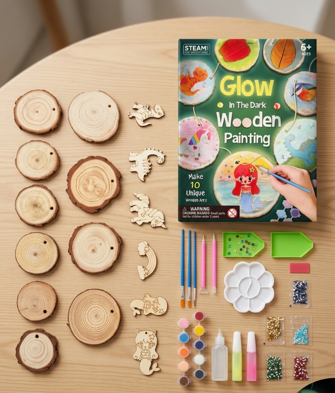 Glow in the Dark Wooden Painting kit with wooden pieces, paintbrushes, and paints on a wooden table.