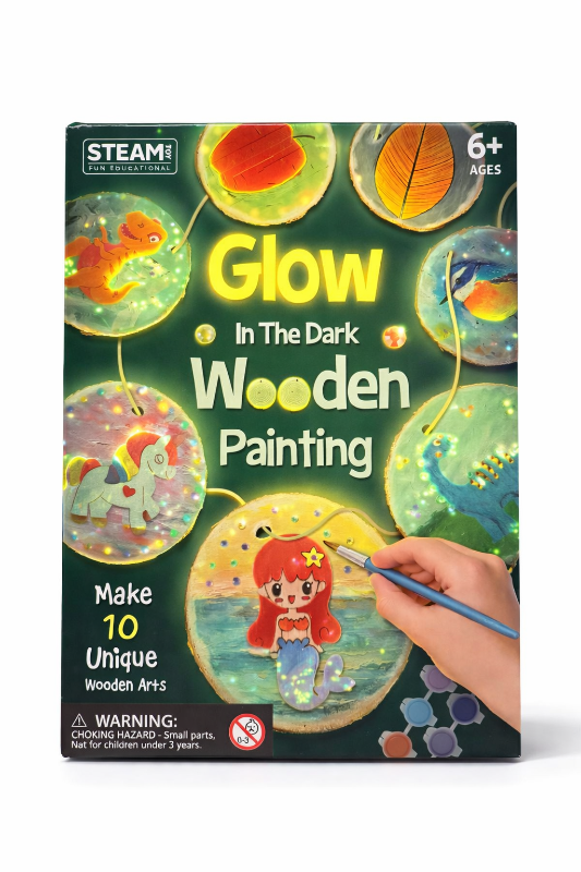 Glow in the Dark Wooden Painting kit packaging with illustrations and a hand holding a paintbrush.