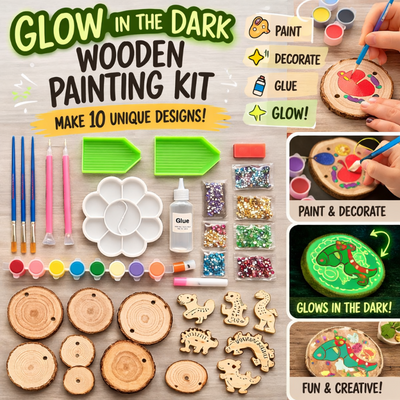Glow in the Dark Wooden Painting Kit with paint, brushes, and wooden pieces on a wooden surface.