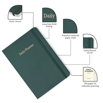 Green Daily planner 190 pages for 3 months of planning. Premium textured paper cover